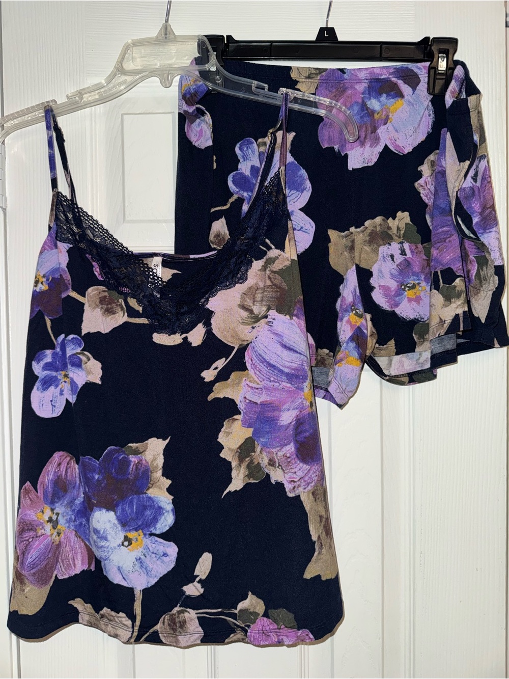 Soma Black Floral Lace-Trim Cami and Shorts in Purple & Tan